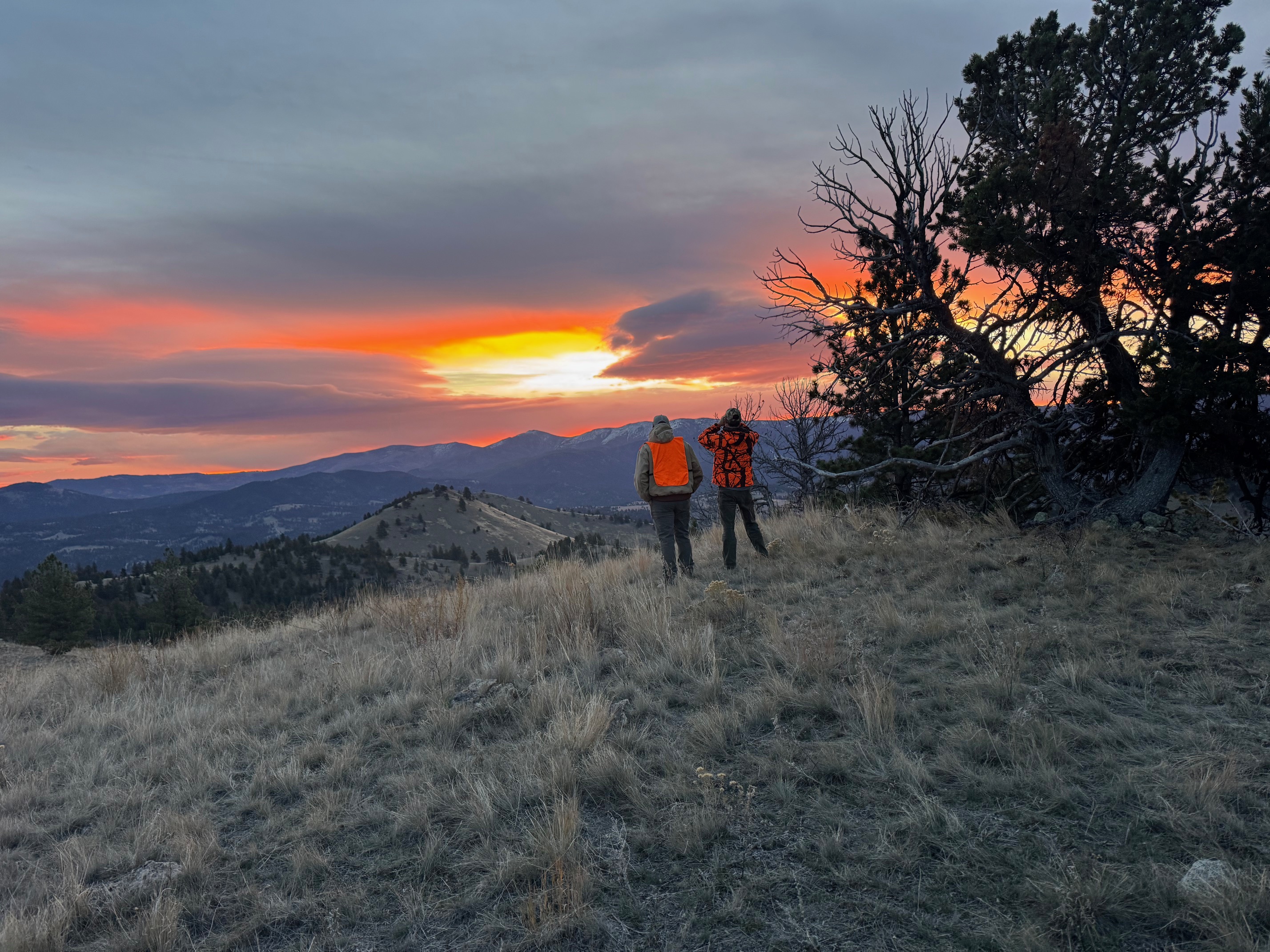 Two figures overlooking Montana mountain sunset from the First Services Group ranch ridgeline